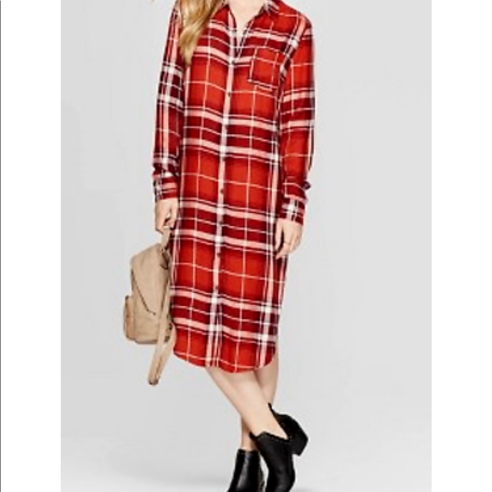 Plaid Long Sleeve Midi Button-Front Shirtdress